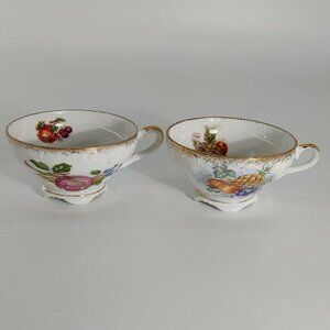 Set Of 2 Enesco Imports Japan White Porcelain Fruits Print Gold Rim Tea Cup